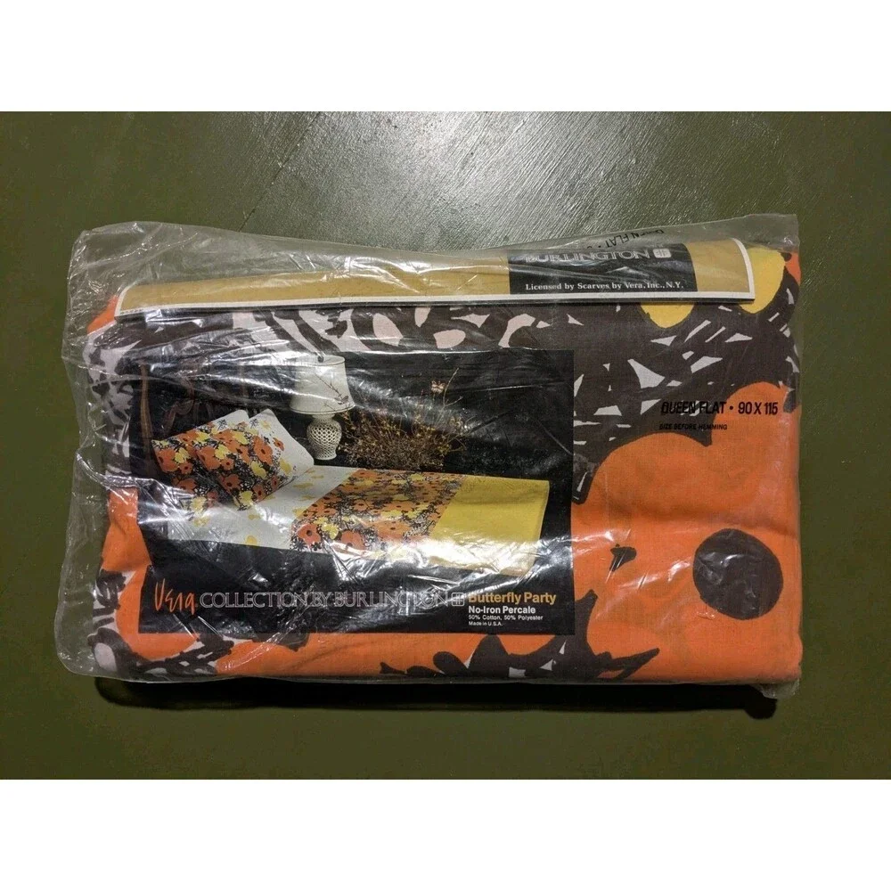 NIP VTG Burlington Vera Neumann Butterfly Party Queen Sheet Brown Orange Flat